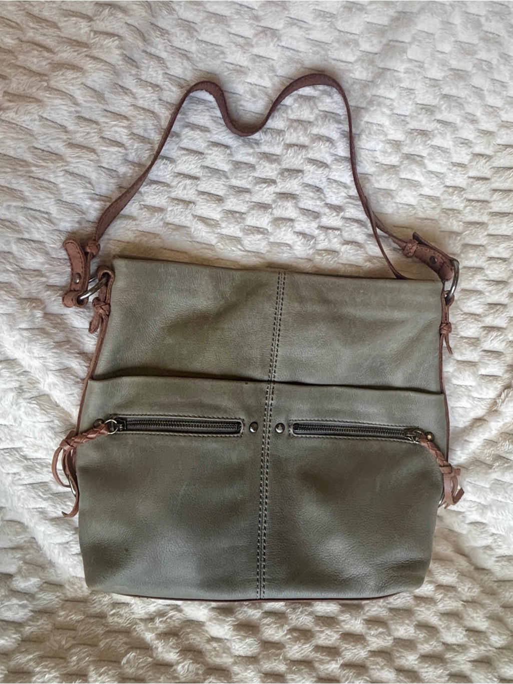 The Sak Sage, Green Leather Tote, Rustic Boho Silver Hardware